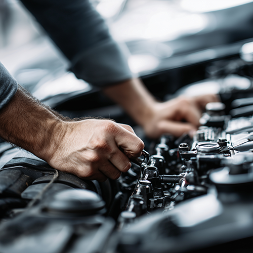 close up of hands working in a car engine